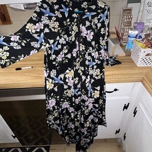 Black Floral Midi Dress with Blue & Pink Bird Print